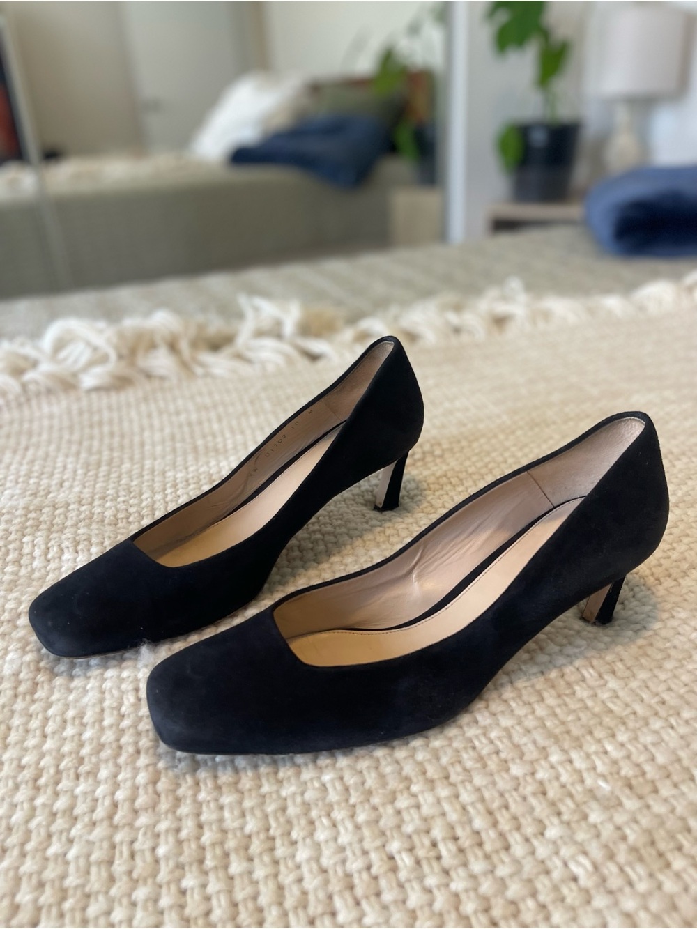 Stuart Weitzman Black Suede Mid-Heel Pumps — Made in Spain